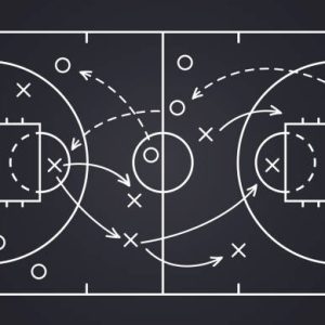 Basketball strategy field, game tactic chalkboard template. Hand drawn basketball game scheme, learning orange board, sport plan vector illustration.